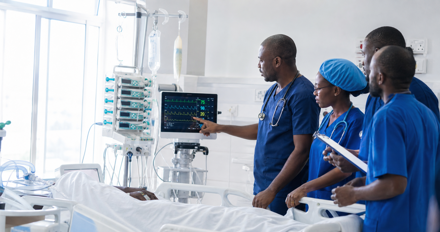 African critical care clinicians collaborating around an ICU patient