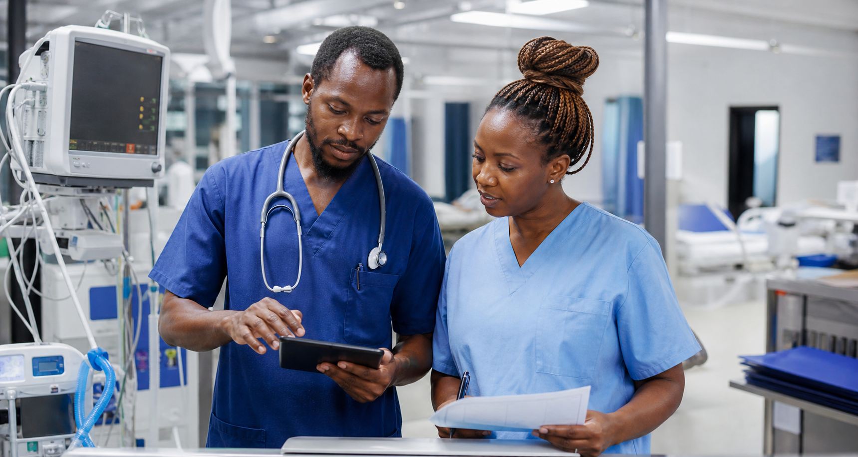 African critical care staff reviewing registry data
